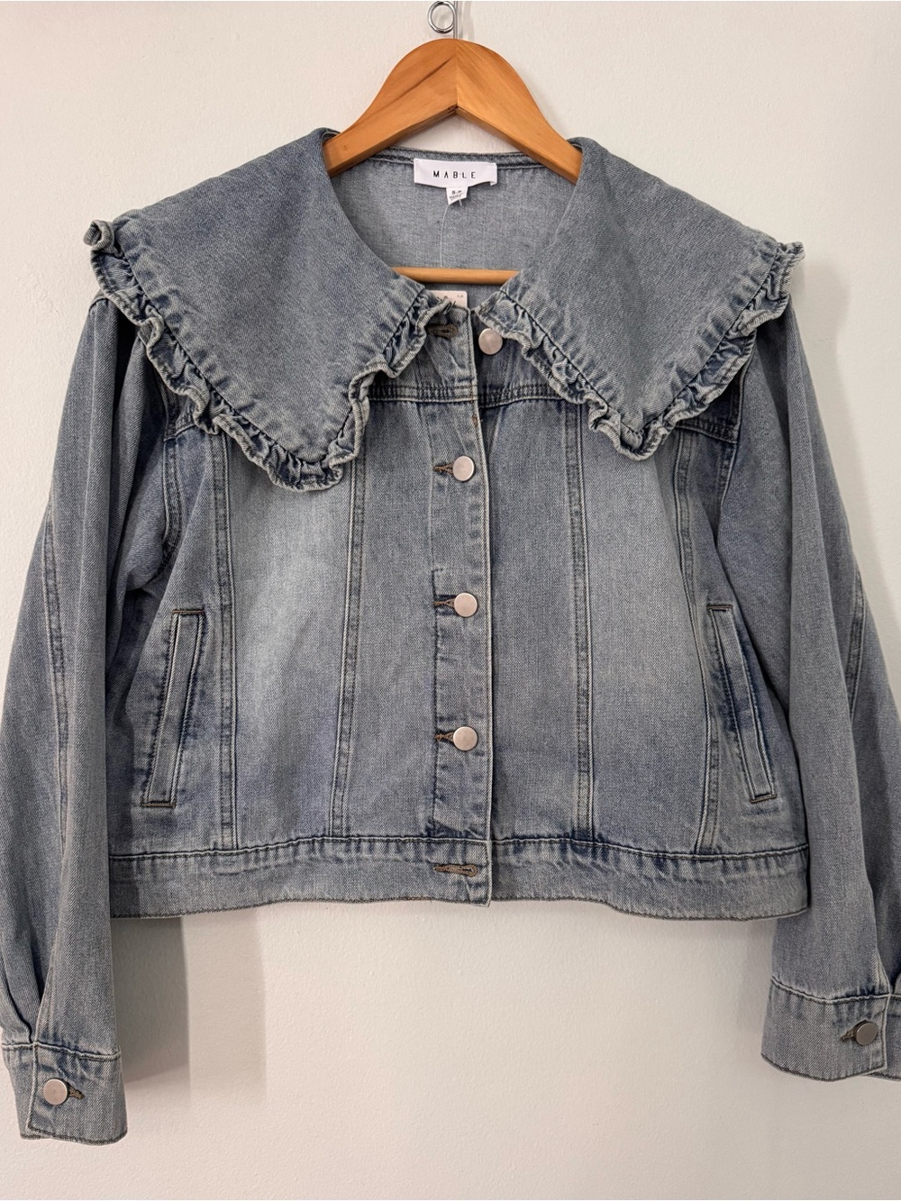 Anthropologie Mable Light Blue Denim Jacket with Ruffle Peter Pan Collar NWT